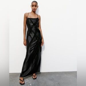 Zara FLORAL SATIN EFFECT back slit long maxi DRESS sz.XS